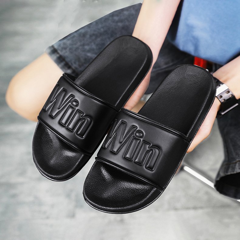 High Quality Custom Logo Men Slides Shoe Open Toe Footwear Good Luck Win Embossed Pattern Custom Beach Sandals Slides Slippers
