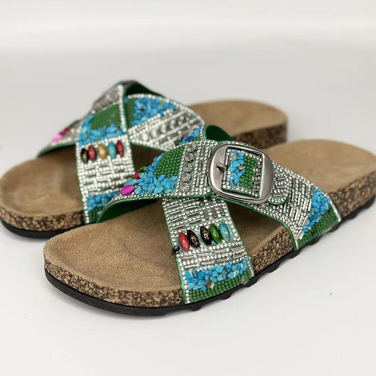 Good quality cross strap slides slippers women buckle slippers fashion design ladies flat slipper