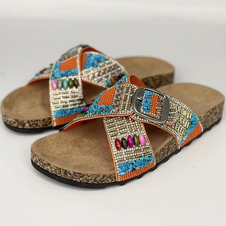 Good quality cross strap slides slippers women buckle slippers fashion design ladies flat slipper