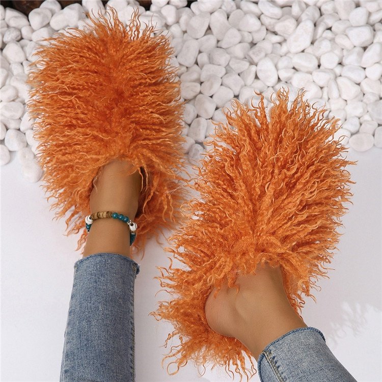 Winter Furry Shoes Women Fur Slippers Fluffy Faux Mongolian Fur Slides Warm Plush Slippers Fuzzy Flip Flops Luxury Shoes Woman