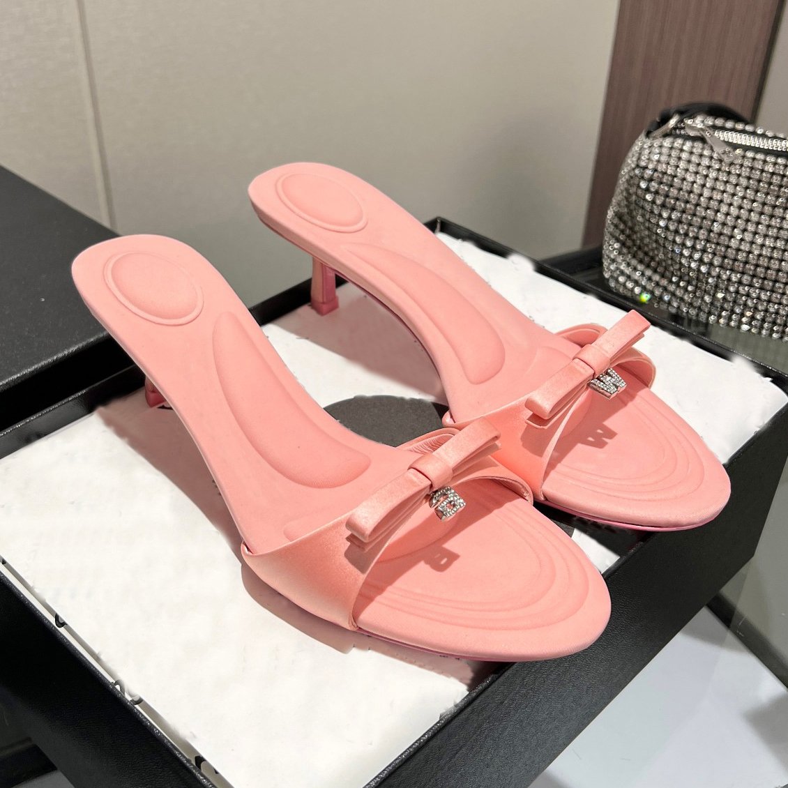 Famous Large size 41 High Heel Slippers for Women 2024 Summer Pink Designer Slides Slippers Rhinestone Women's Shoes