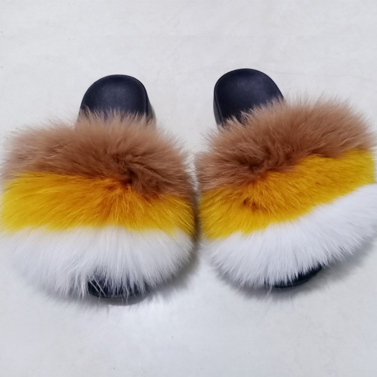 Quick Shipping Flush Raccoon Slippers Outdoor Fur Sandals Slider Slippers Wholesale Real Fur Slippers Fox Fur Slides For Women
