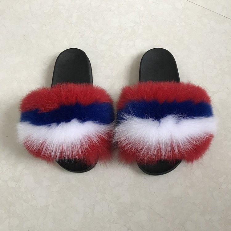 Quick Shipping Flush Raccoon Slippers Outdoor Fur Sandals Slider Slippers Wholesale Real Fur Slippers Fox Fur Slides For Women