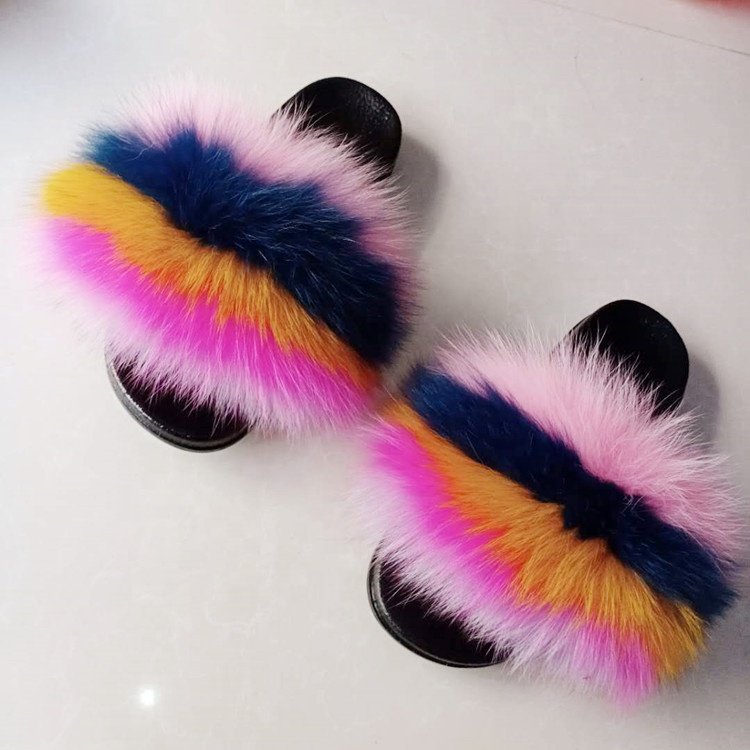 Quick Shipping Flush Raccoon Slippers Outdoor Fur Sandals Slider Slippers Wholesale Real Fur Slippers Fox Fur Slides For Women