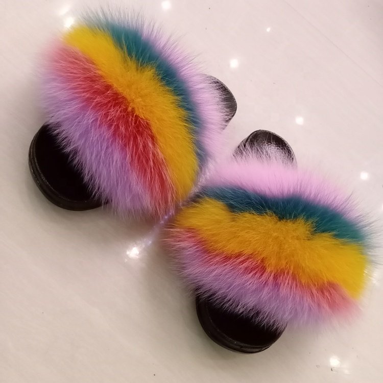 Quick Shipping Flush Raccoon Slippers Outdoor Fur Sandals Slider Slippers Wholesale Real Fur Slippers Fox Fur Slides For Women
