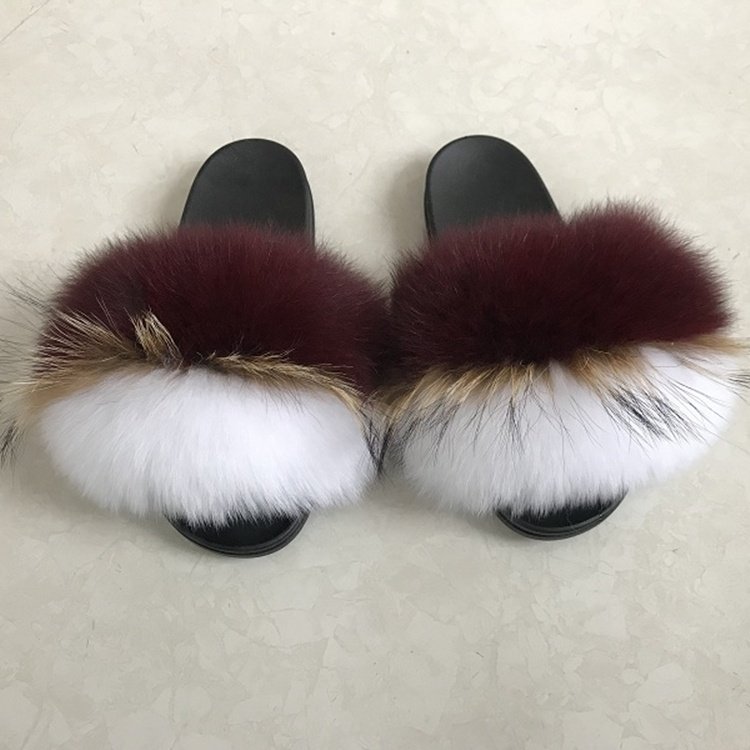 Quick Shipping Flush Raccoon Slippers Outdoor Fur Sandals Slider Slippers Wholesale Real Fur Slippers Fox Fur Slides For Women