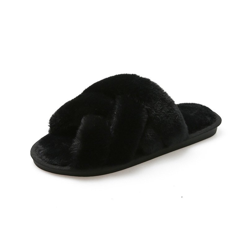 Women's Faux Fur Slide Fuzzy Double Cross Band Ladies House Fluffy Fashion Fur Slippers for Indoor Guests Use