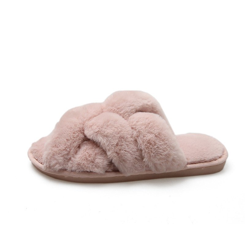 Women's Faux Fur Slide Fuzzy Double Cross Band Ladies House Fluffy Fashion Fur Slippers for Indoor Guests Use