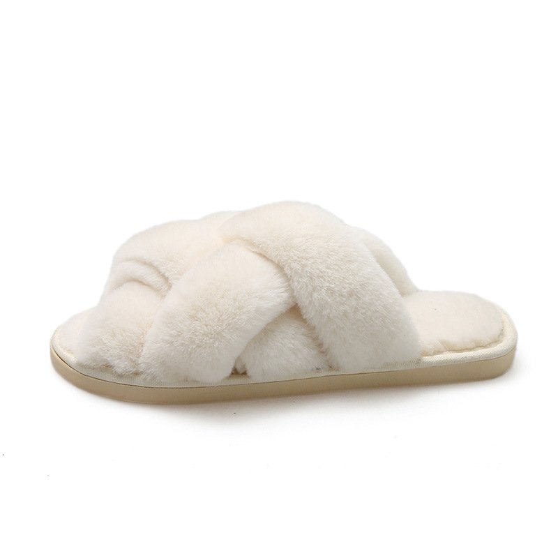 Women's Faux Fur Slide Fuzzy Double Cross Band Ladies House Fluffy Fashion Fur Slippers for Indoor Guests Use