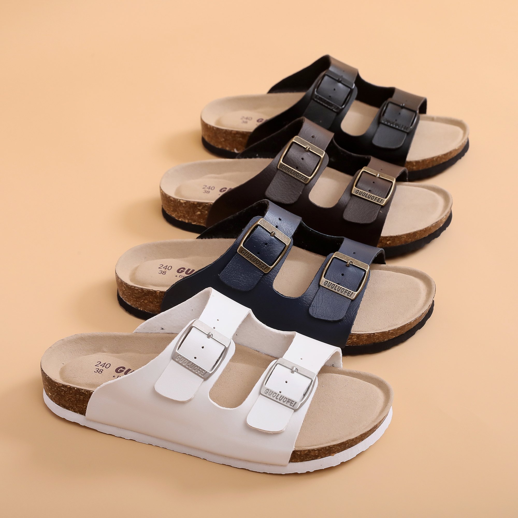 Women's Elegant Cork sole Slides with Adjustable Buckles Slip-on Slippers Open Toe Fabric Material for Summer Casual Wear