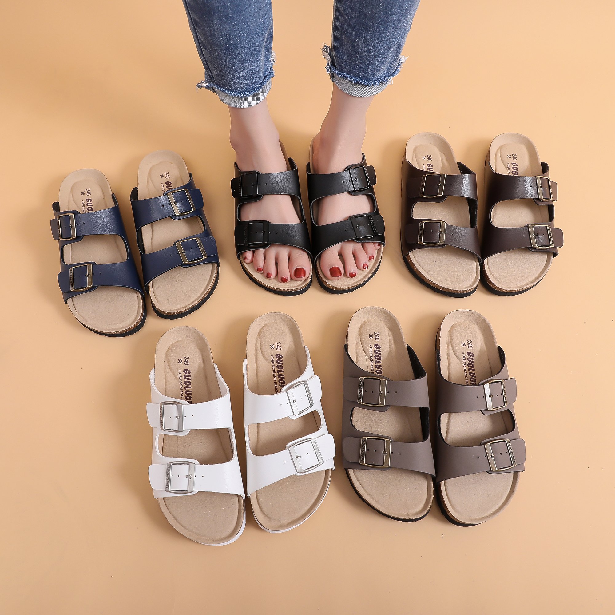 Women's Elegant Cork sole Slides with Adjustable Buckles Slip-on Slippers Open Toe Fabric Material for Summer Casual Wear