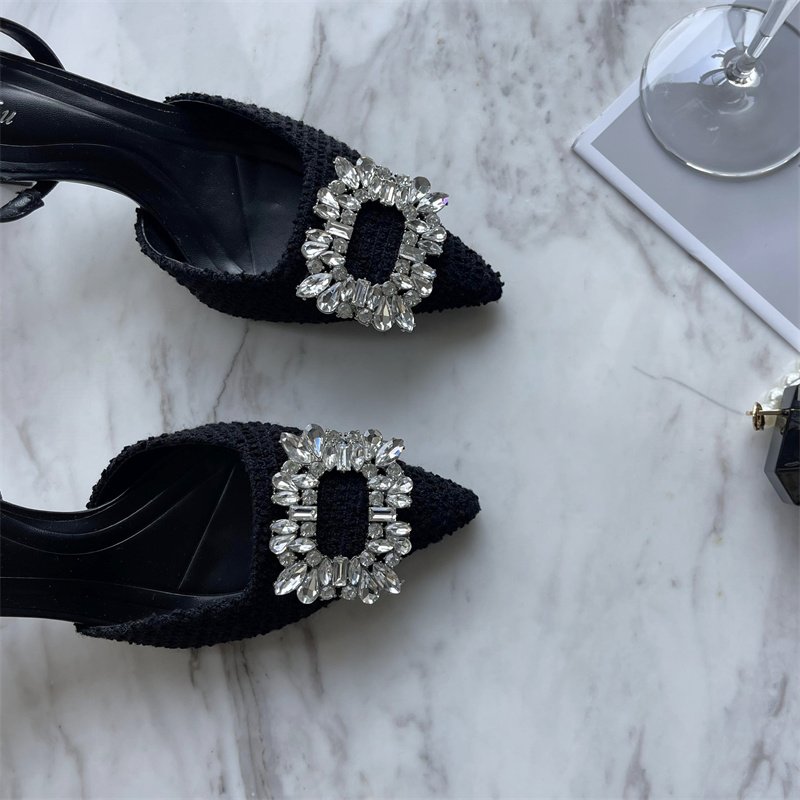 Hot 2023 Rhinestone Buckle Medium Heel Thin Heel Women's Single Shoes Women's Slippers Fashion New Women's Shoes