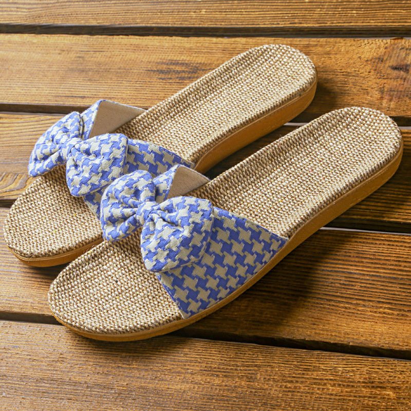 Linen slippers for women Summer new home couple indoor soft bottom non-slip checked cloth slippers for Men Summer