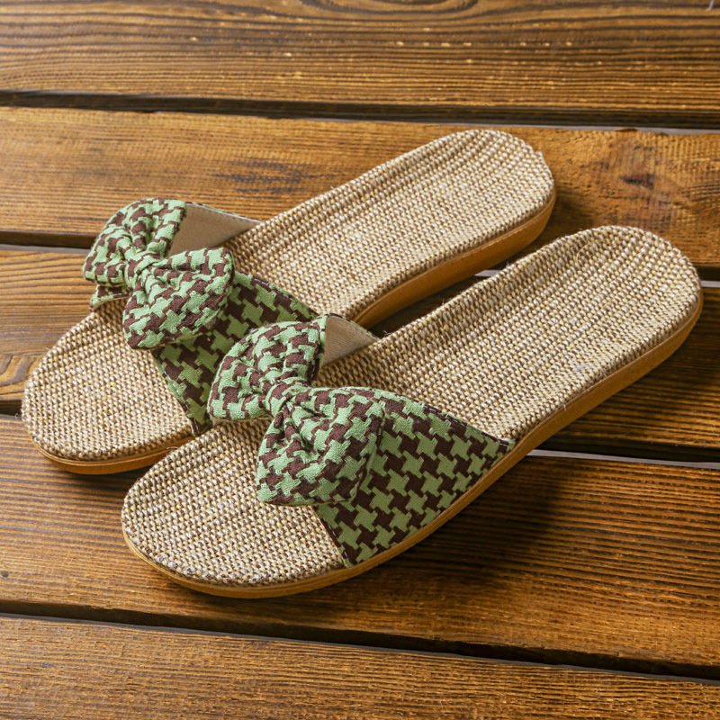 Linen slippers for women Summer new home couple indoor soft bottom non-slip checked cloth slippers for Men Summer