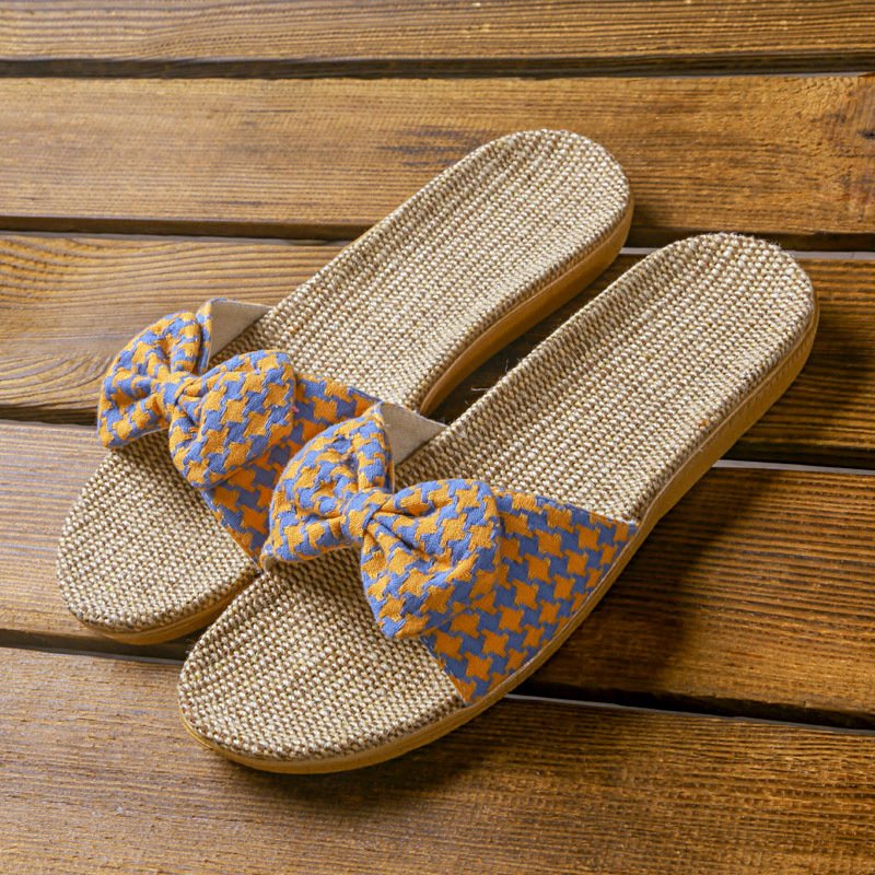 Linen slippers for women Summer new home couple indoor soft bottom non-slip checked cloth slippers for Men Summer