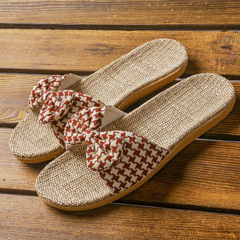 Linen slippers for women Summer new home couple indoor soft bottom non-slip checked cloth slippers for Men Summer