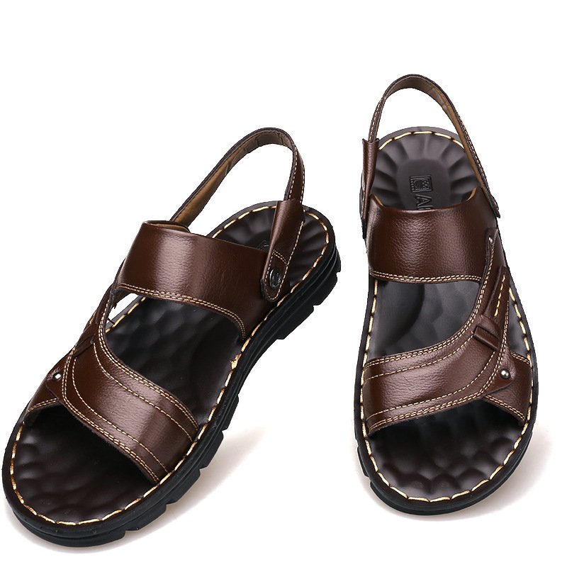 2024 Customized Logo Summer Hot Selling Genuine Leather Sandals Non slip Men's Casual Beach Shoes Multi-function Slides Slippers