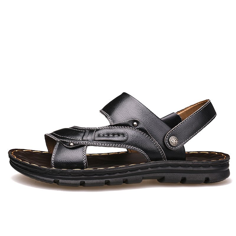 2024 Customized Logo Summer Hot Selling Genuine Leather Sandals Non slip Men's Casual Beach Shoes Multi-function Slides Slippers