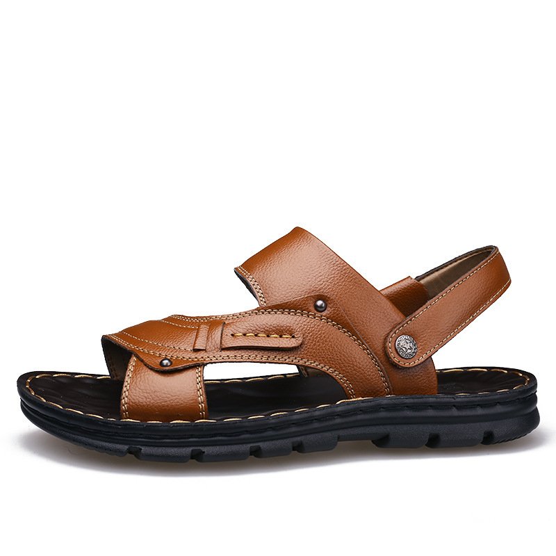 2024 Customized Logo Summer Hot Selling Genuine Leather Sandals Non slip Men's Casual Beach Shoes Multi-function Slides Slippers