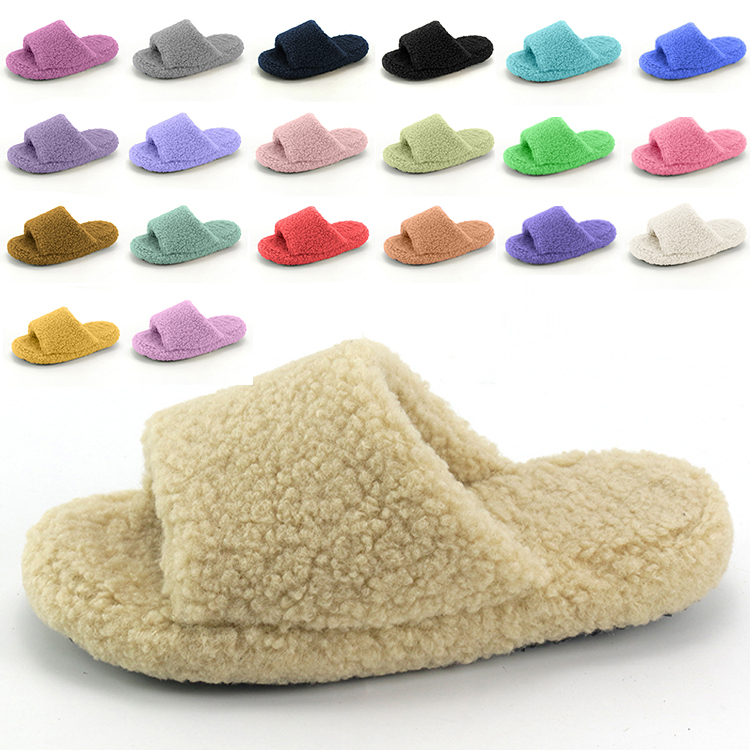 Women's House Open Toe Fluffy Teddy Fleece Platform Fur Slides Wool-Like Fuzzy Memory Foam Furry Faux Shearling Slippers