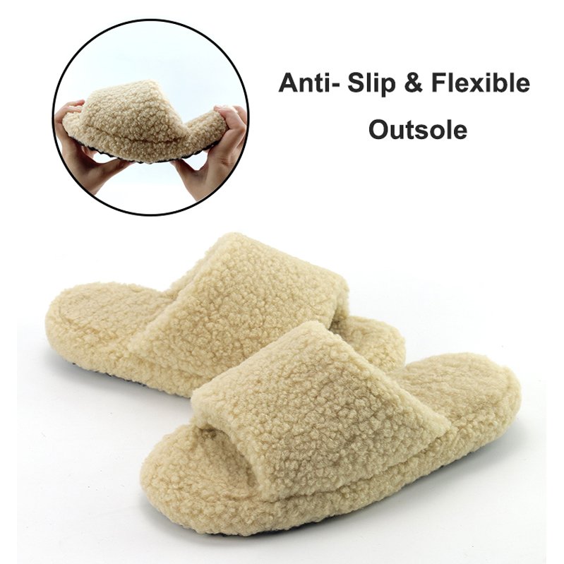Women's House Open Toe Fluffy Teddy Fleece Platform Fur Slides Wool-Like Fuzzy Memory Foam Furry Faux Shearling Slippers