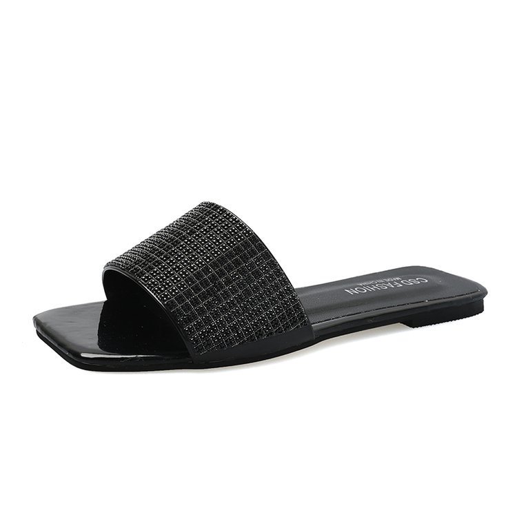 2024 Newest Waterproof Non-Slip Square Toe Ladies Slippers Diamond Decoration Slides Slippers Flat Sandals For Women And Ladies
