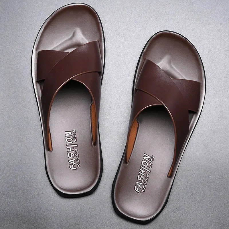 High quality male summer beach shoes non-slip trendy slides slippers genuine leather outdoor sandals for men