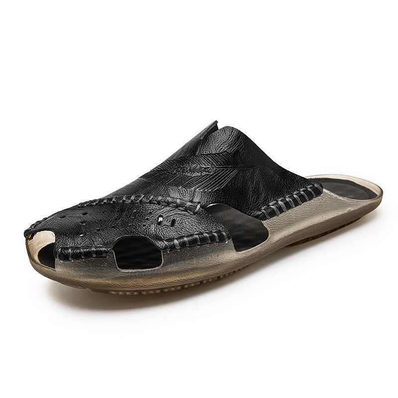 Men's Sliders Sandals Slide Slippers Beach Shoes Slides Summer Leather Slip On Closed-toe Flats Light-weight Breathable Handmade