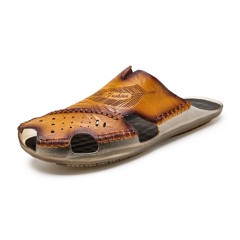 Men's Sliders Sandals Slide Slippers Beach Shoes Slides Summer Leather Slip On Closed-toe Flats Light-weight Breathable Handmade