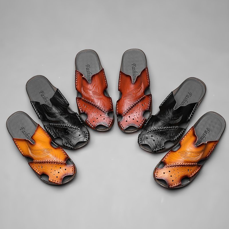 Men's Sliders Sandals Slide Slippers Beach Shoes Slides Summer Leather Slip On Closed-toe Flats Light-weight Breathable Handmade