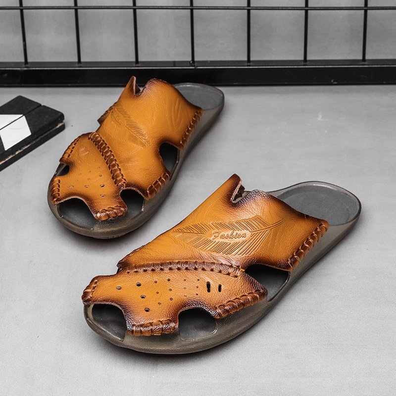 Men's Sliders Sandals Slide Slippers Beach Shoes Slides Summer Leather Slip On Closed-toe Flats Light-weight Breathable Handmade