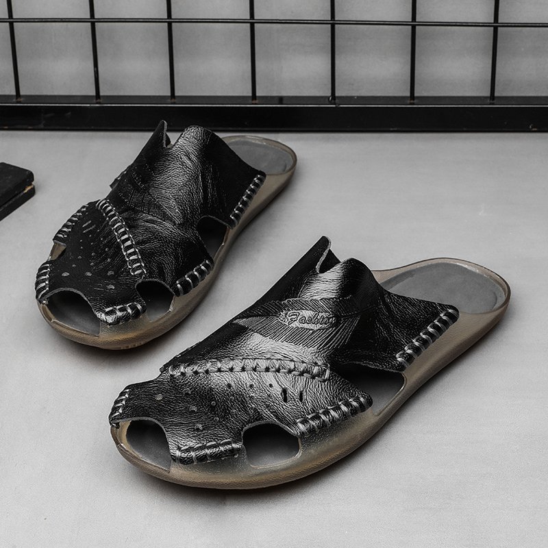 Men's Sliders Sandals Slide Slippers Beach Shoes Slides Summer Leather Slip On Closed-toe Flats Light-weight Breathable Handmade