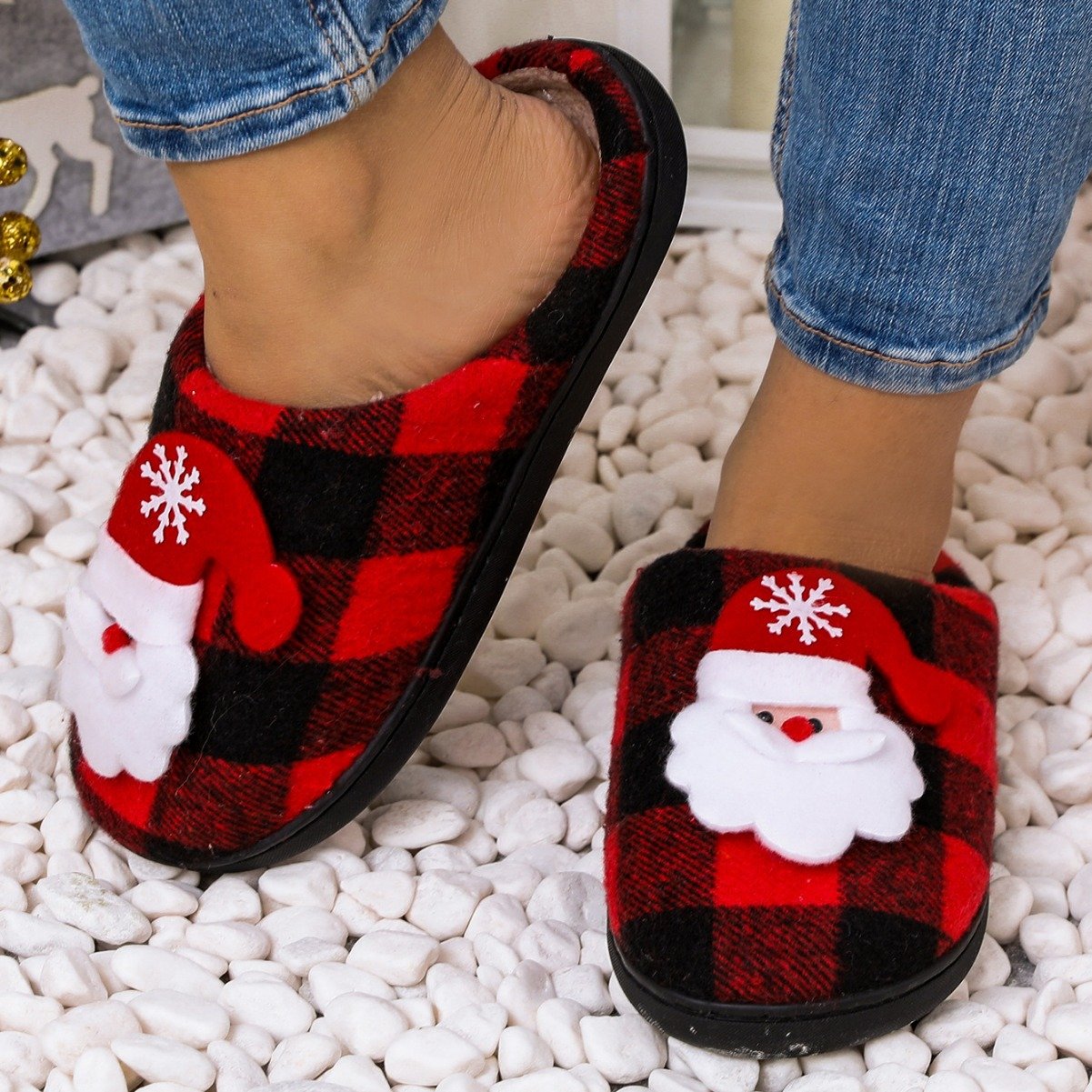 Christmas Womens Cartoon Indoor Warm Fleece Slippers Winter Soft Cozy Home Non-Slip Plush Slip-on Shoes