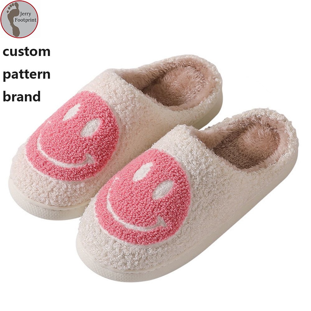 Couple Women Plush Fleece Slides Home Fuzzy Shoes Happy Face Winter Flurry Warm House Slipper Custom Logo and Pattern