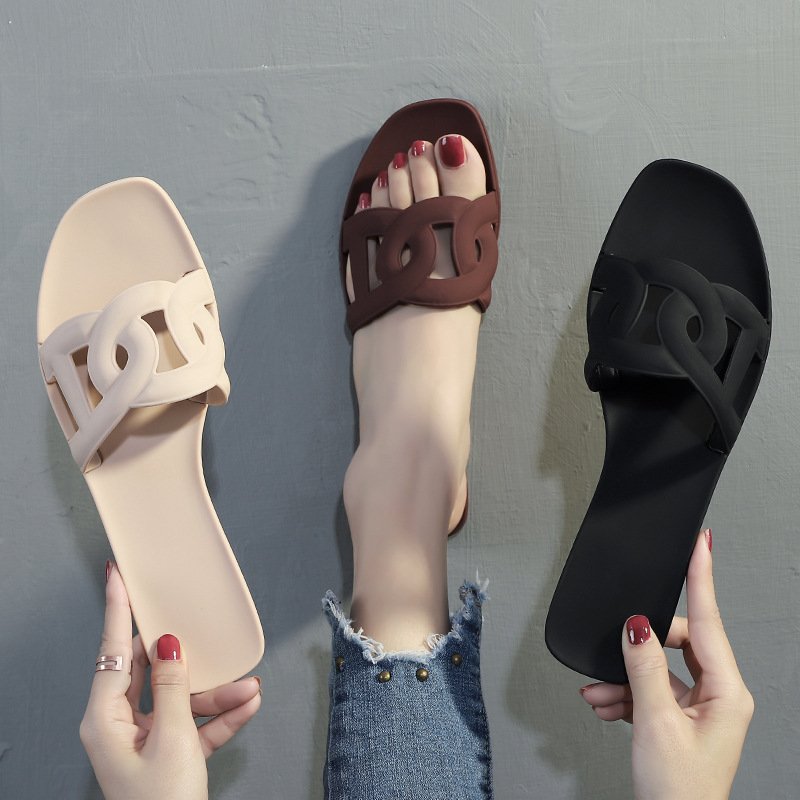 New Designs Femme Zapatos De Mujer Beach Pvc Shoes Square Chinelo Slides Slippers Flat Sandals For Women And Ladies