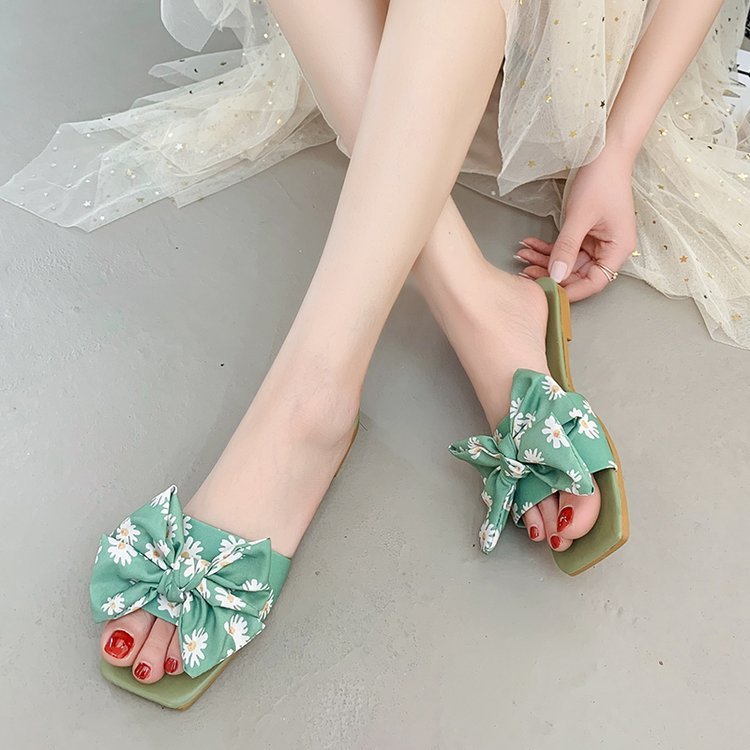 2024 Summer Hot Sale Square Head Flat Sandals Small Floral Bow Ladies Slippers Fashionable Designer Sandals