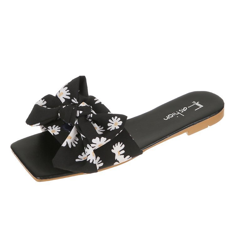 2024 Summer Hot Sale Square Head Flat Sandals Small Floral Bow Ladies Slippers Fashionable Designer Sandals