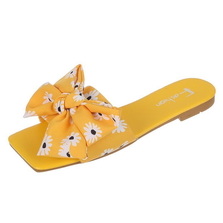 2024 Summer Hot Sale Square Head Flat Sandals Small Floral Bow Ladies Slippers Fashionable Designer Sandals