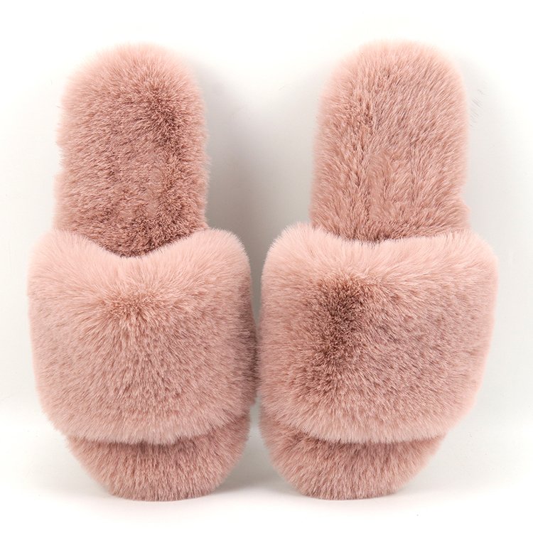 Women's Fuzzy Faux Fur Memory Foam Flat Imitated Rabbit Fur Slides Slippers Open Toe House Shoes Sandals