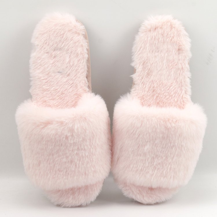 Women's Fuzzy Faux Fur Memory Foam Flat Imitated Rabbit Fur Slides Slippers Open Toe House Shoes Sandals