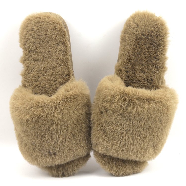 Women's Fuzzy Faux Fur Memory Foam Flat Imitated Rabbit Fur Slides Slippers Open Toe House Shoes Sandals