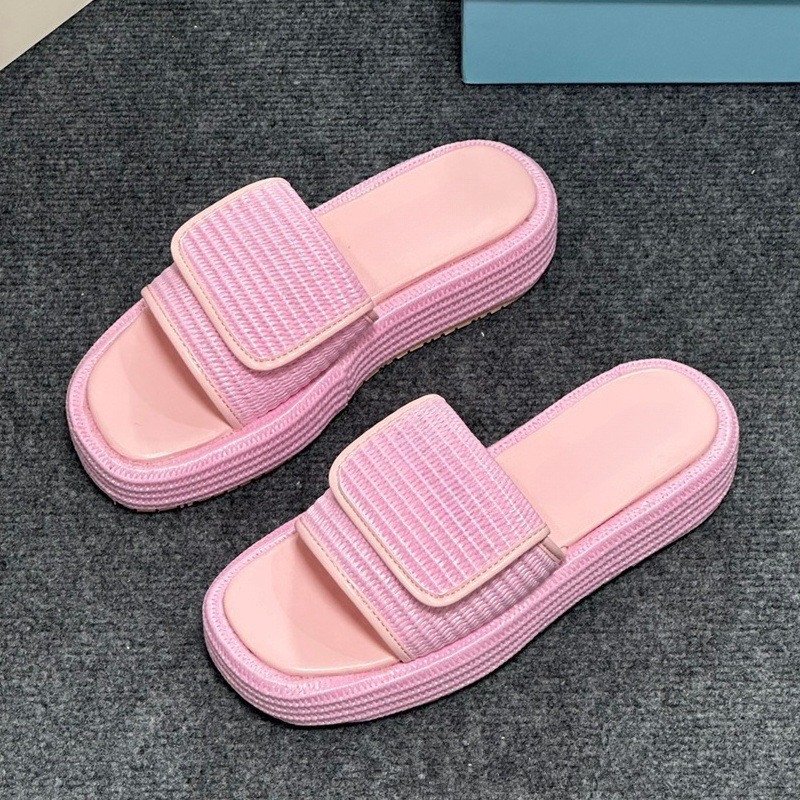 Large size 42 Famous slides slippers for women 2024 Summer Thick Sole Designer Beach Sandals Pink Weaving Chaussures pour femmes
