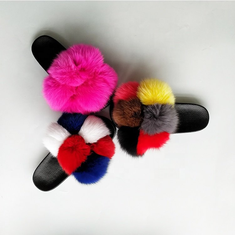 2020 hot sale fur pom pom open toe fur slides women cute fluffy pompom ball real fox fur slippers for women