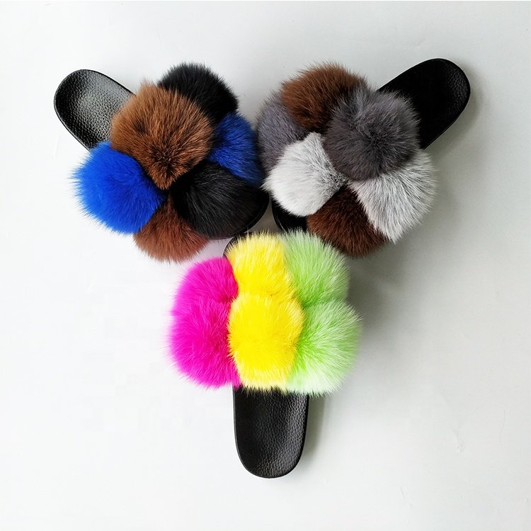 2020 hot sale fur pom pom open toe fur slides women cute fluffy pompom ball real fox fur slippers for women