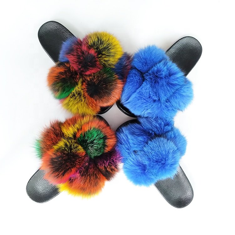 2020 hot sale fur pom pom open toe fur slides women cute fluffy pompom ball real fox fur slippers for women