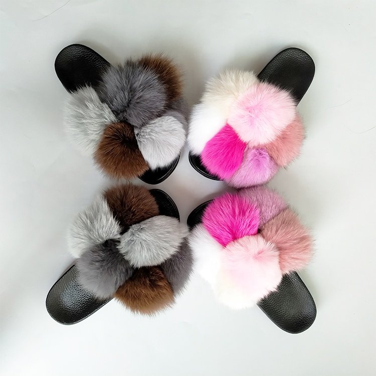 2020 hot sale fur pom pom open toe fur slides women cute fluffy pompom ball real fox fur slippers for women