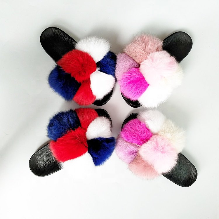 2020 hot sale fur pom pom open toe fur slides women cute fluffy pompom ball real fox fur slippers for women