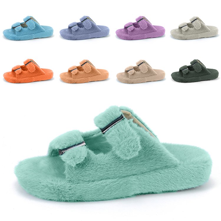 Custom Winter Warm Fuzzy Adjustable Buckle Home Vegan Fur Slides Imitated Mink Fur Slippers for Women