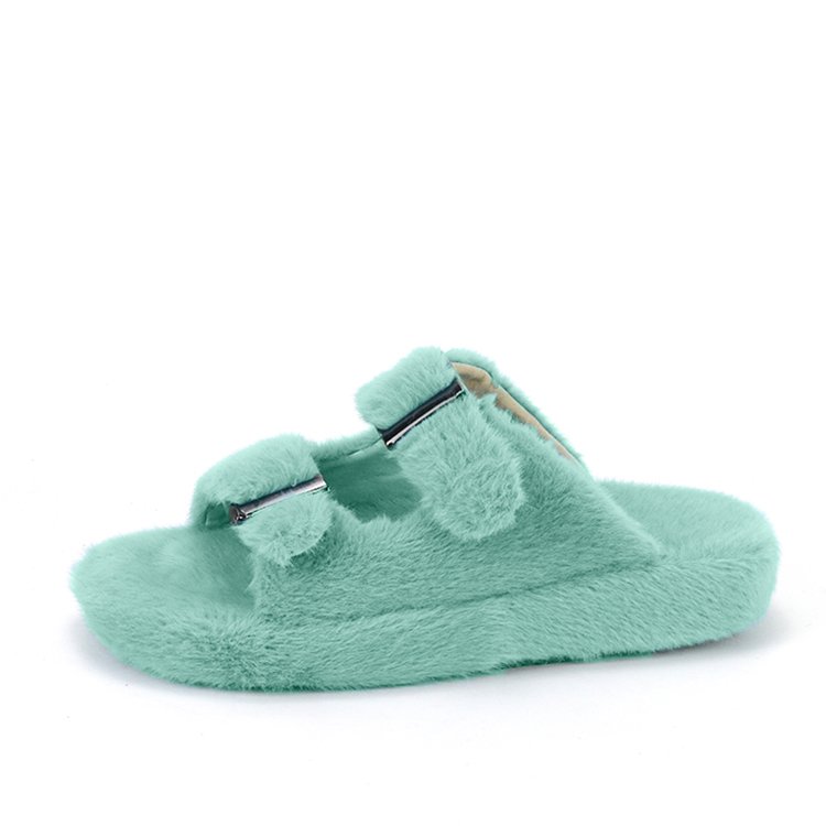 Custom Winter Warm Fuzzy Adjustable Buckle Home Vegan Fur Slides Imitated Mink Fur Slippers for Women