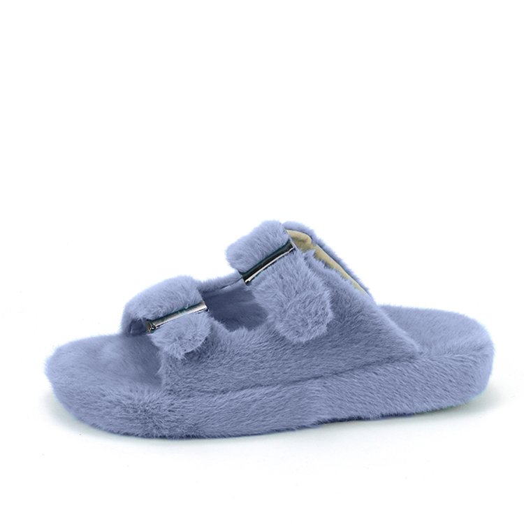Custom Winter Warm Fuzzy Adjustable Buckle Home Vegan Fur Slides Imitated Mink Fur Slippers for Women